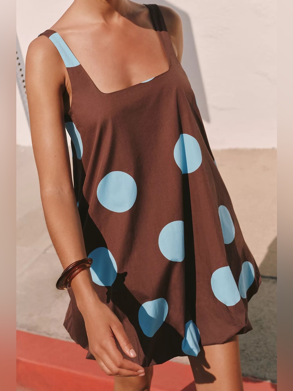 Anthropologie Maeve Maeve Poplin Bubble Mini Dress in Polka Dot Brown / Blue NWT - Picture 2 of 6